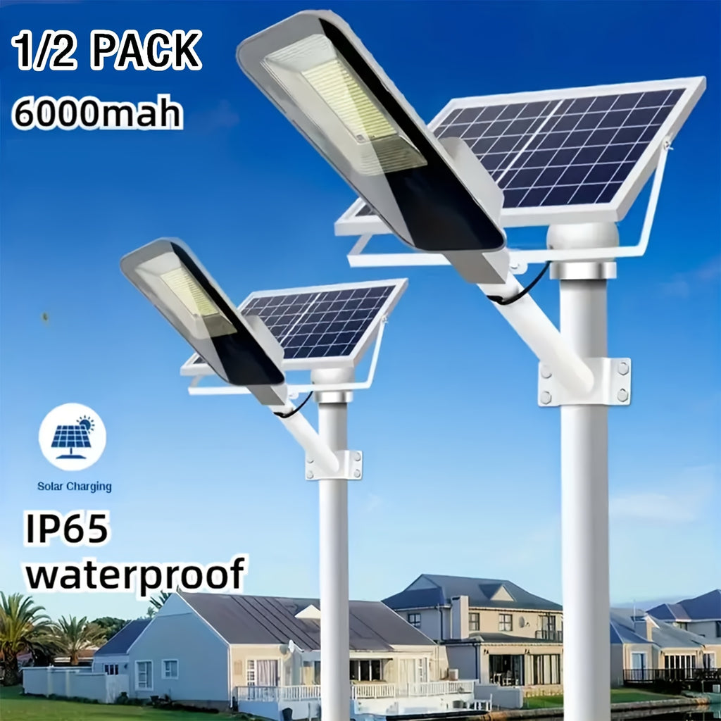 2 Pack Solar Street Light, 6500K Dimmable Waterproof LED Solar Wall Light, 6000mAh LED Street Light with Remote Control and Motion Sensor, 357 High-Brightness LED Beads, Outdoor Solar Street Light for Courtyard, Wall, Garage