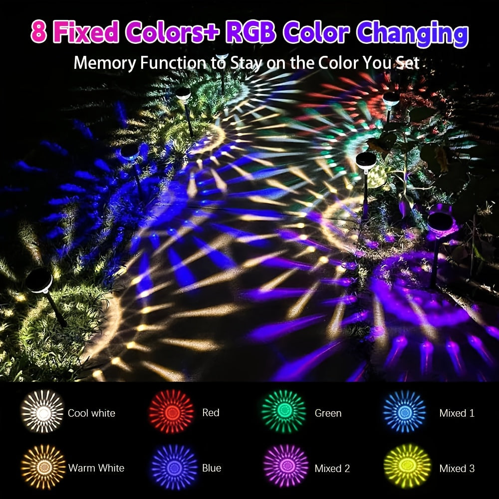 A Set of 8 Solar Path Lights with Color Changing Function and 8 Fixed Colors (Warm White, Cool White, RGB). These Outdoor Solar Garden Lights are Perfect for Decorating Walkways, Courtyards and Backyard Landscapes.