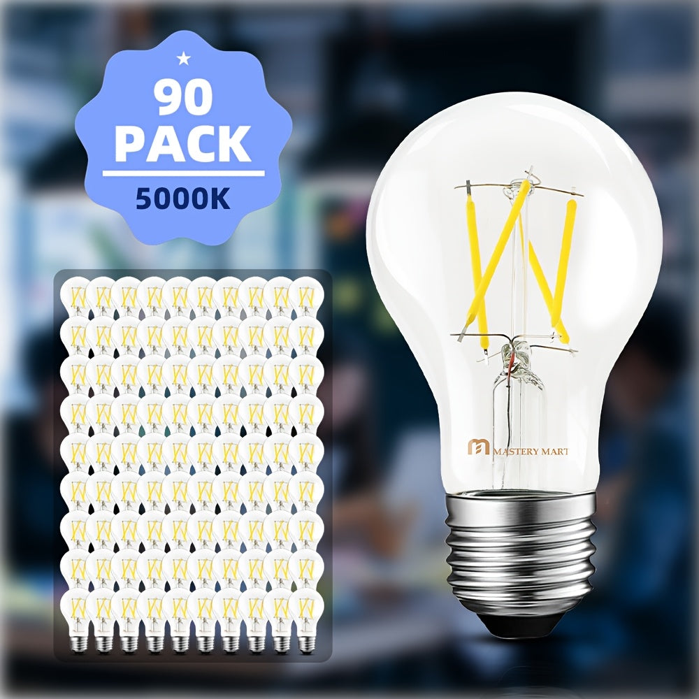 90-pack (5W/40W equivalent) dimmable LED bulb - A19 clear glass tube, E26 screw base, 5000K daylight white, CRI 80+, high energy efficiency, suitable for office and dimmable fluorescent replacement (cost-effective)