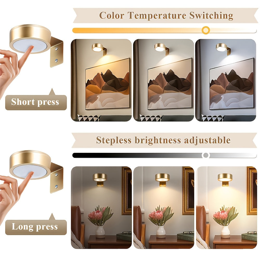Gold/Black Wall Spotlight Fixture, Battery Operated (Batteries Not Included), Remote and Touch Control, LED Display Light, 3-Color Temperature Adjustable and Timer Picture Light, for Framed Art Portraits, Home Wall Decoration Display Light