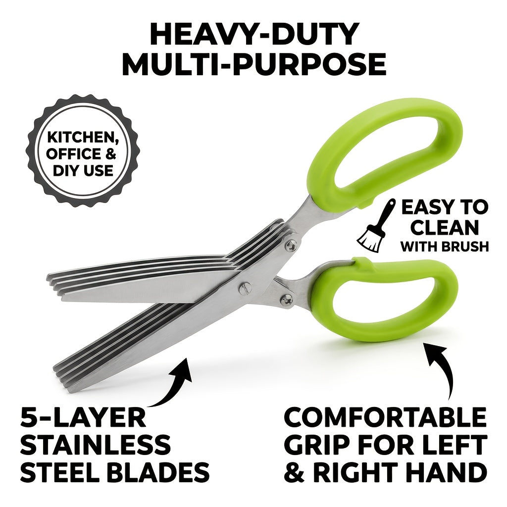 5-Layer Stainless Steel Kitchen Scissors - Multifunctional Onion & Herb Chopper, Suitable for BBQ & Indoor Use, with Protective Cover & Built-in Cleaner, Durable