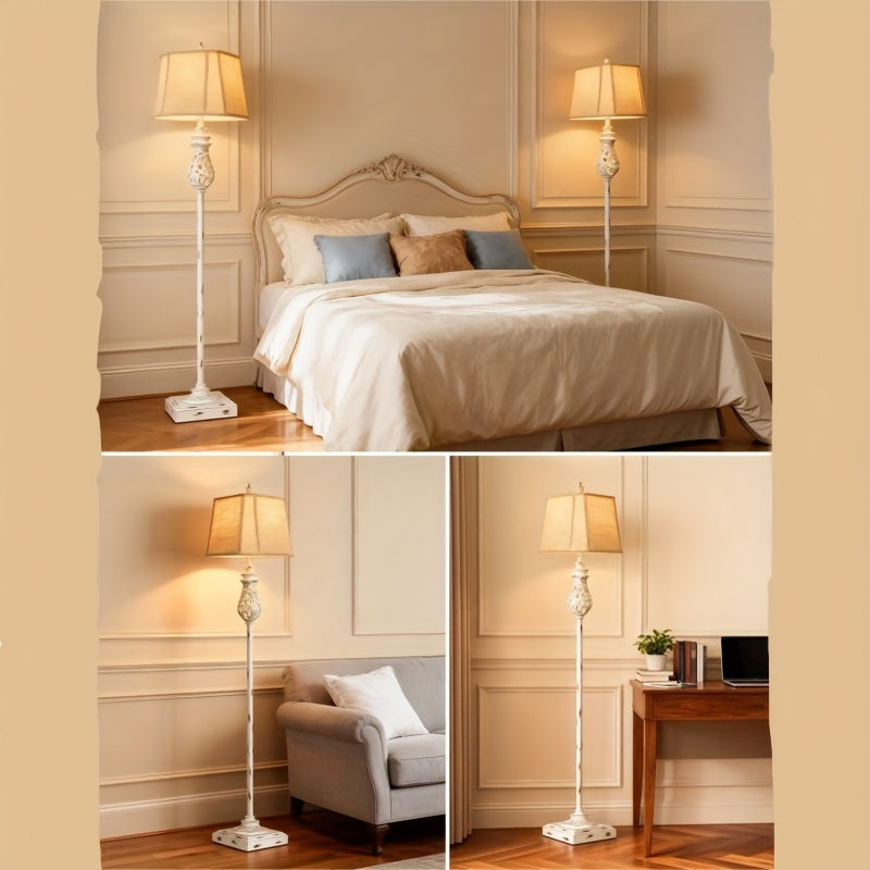64-inch vintage floor lamp with night light function, three-level dimming rustic style tall standing lamp, with rotary switch and beige linen lampshade, suitable for living room, corner, bedroom and home decoration, white (bulb included)