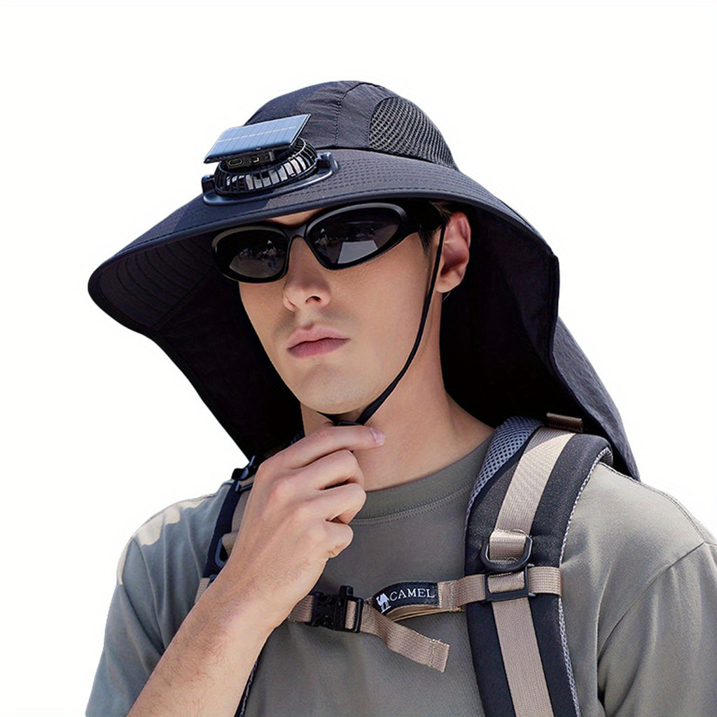 Men's Sun Hat with Solar Fan, Wide Brim Outdoor Boonie Hat, Lightweight African Safari Hat