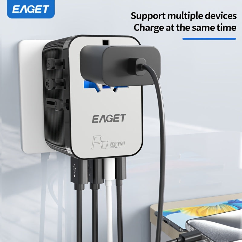 1pc Eaget Greatest Universal Travel Adapter Plus+ Power Strips | 2Usb And 2Type-C Ports, 100V-250V Input, Us/Eu/Uk/Au Plugs, Short-Circuit Protection, All-In-One Wall Charger High-Speed Travel Adapter For Over 350+ Countries