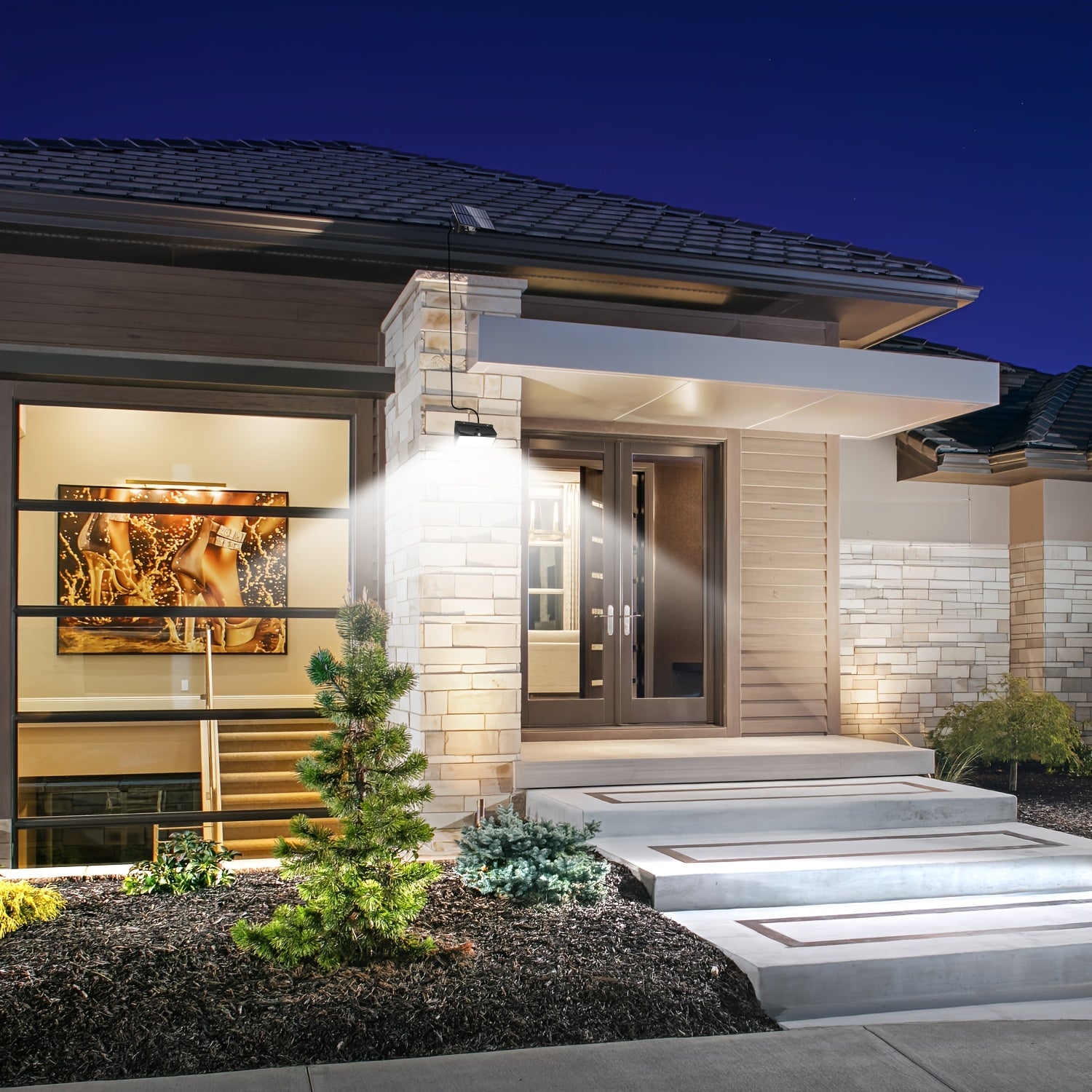 1 Outdoor Solar Light with 368 LEDs, Motion Sensor Light, IP65 Waterproof Rating, Porch and Garden Wall Light, with 3 Working Modes, Exterior Wall Light for Garage Front Door Fence, Cool White Light, with 16.4FT Cable, Also Suitable for Indoor