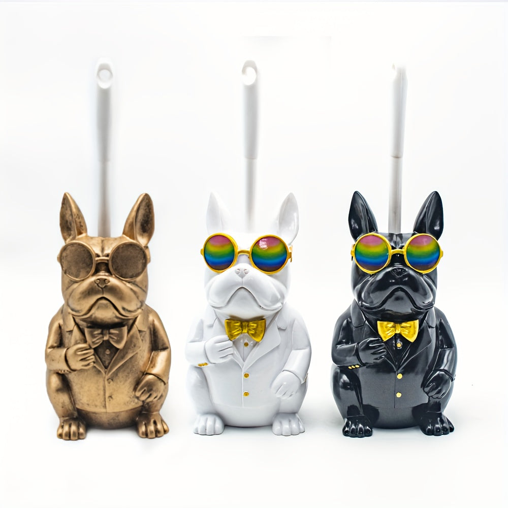 Original Antiqued Copper Dog Sculpture Toilet Brush Holder - Resin Animal Toilet Brush Holder & Compact Plastic Toilet Brush, Bathroom Accessory Set