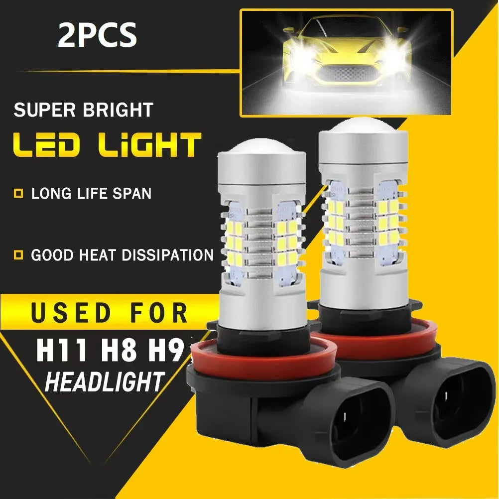 2Pcs H8 H9 H11 21SMD LED Headlight Bulbs High/Low Beam 6000K White Car Front Fog Light Driving Light Daytime Running Light Car Motorcycle 12V-24V