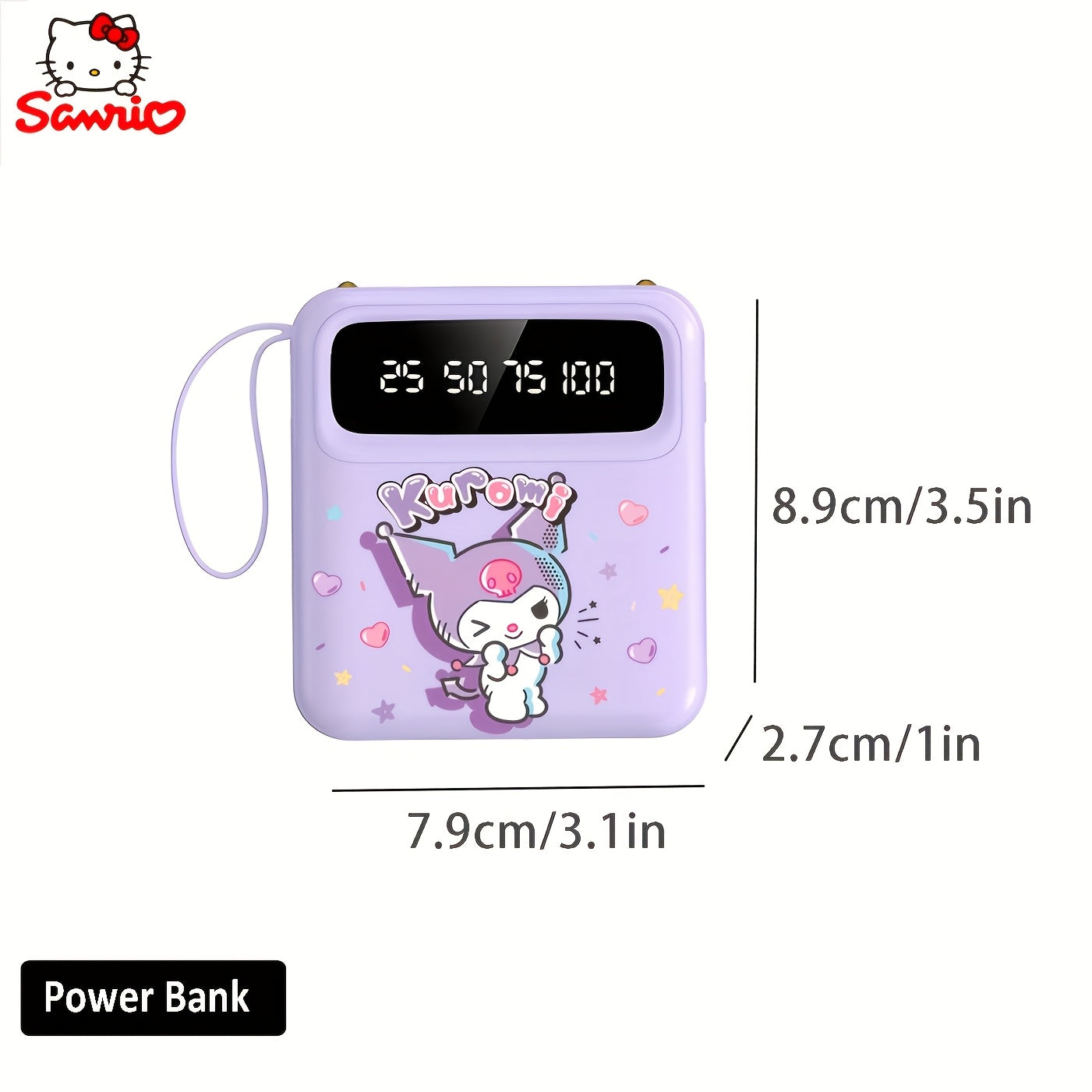 [Kuromi Mini Power Bank] Cartoon Pattern Portable Power Bank, Compatible with Android/iPhone Devices/Tablets with LED And Digital Display, Dual LED Lamp Portable Mobile Power Supply, Built-in Lanyard, Outdoor Travel Emergency Backup