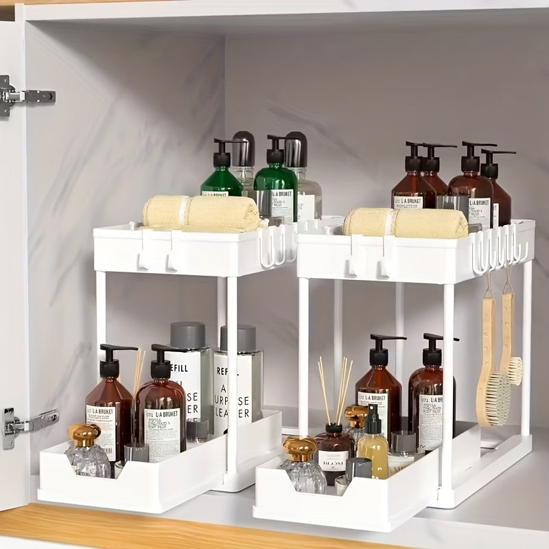 Multi-functional Pull-out Under Sink Organizer and Storage, Suitable for Bathroom & Kitchen, 2-Tier Sliding Cabinet Basket, Bathroom Cabinet Storage Box with Hooks, Storage Cup, Home Kitchen Accessories
