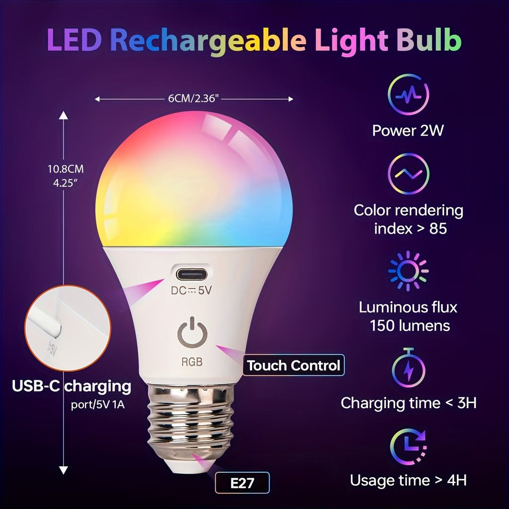 E26/E27 rechargeable remote control timer bulb, 13-color dimming portable wireless battery backup light, suitable for wall lamps and table lamps, detachable charging design, suitable for non-hardwired fixtures, with dimming function