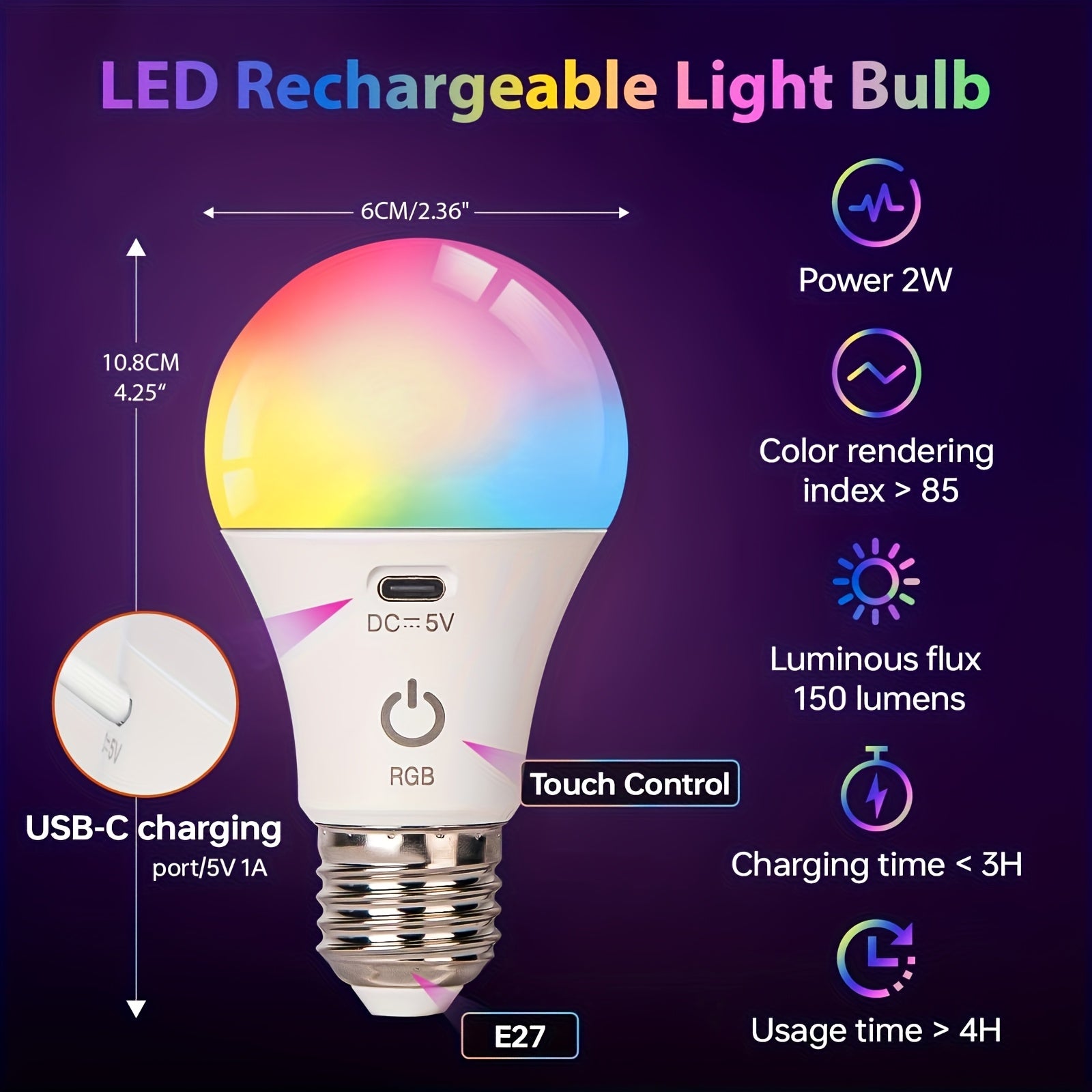 E26/E27 rechargeable remote control timer bulb, 13-color dimming portable wireless battery backup light, suitable for wall lamps and table lamps, detachable charging design, suitable for non-hardwired fixtures, with dimming function