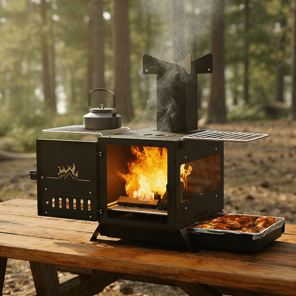 COSTWAY Compact Heating Burner with Glass Window, Portable Wood Burning Stove with Griddle, Dual Grill Racks & Pot Stand, Outdoor Wood Burner for BBQ, Party, Camping & Picnic/