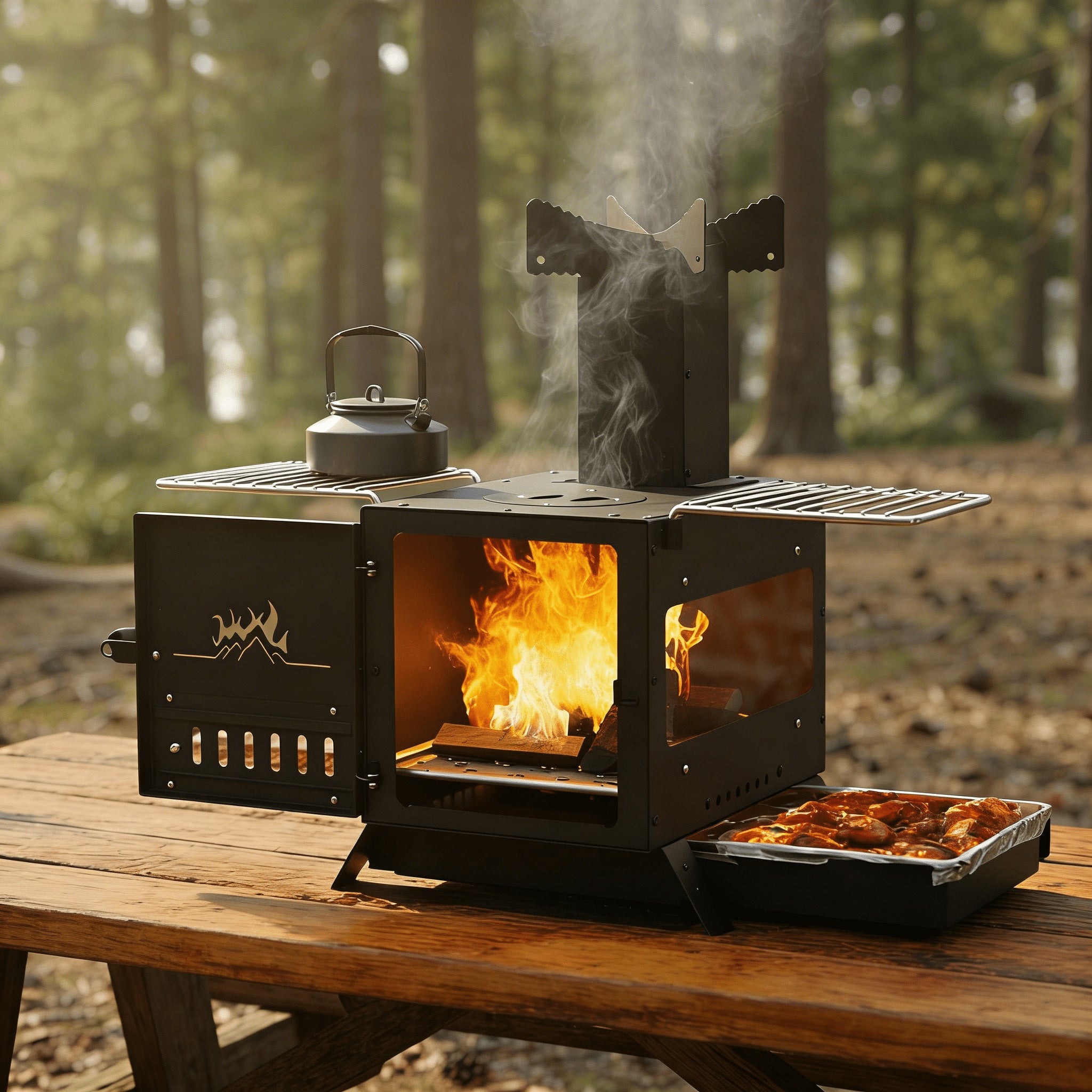 COSTWAY Compact Heating Burner with Glass Window, Portable Wood Burning Stove with Griddle, Dual Grill Racks & Pot Stand, Outdoor Wood Burner for BBQ, Party, Camping & Picnic/