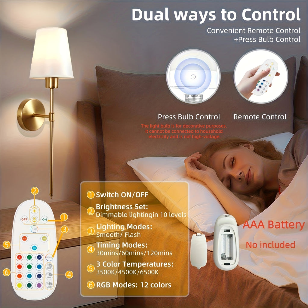 Modern Style Wireless Wall Light Set (2-Pack), Rechargeable Bulb with Remote Control - Adjustable Brightness / Color Temperature, Suitable for Easy Installation, Semi-Flush Mount Design, Suitable for Office