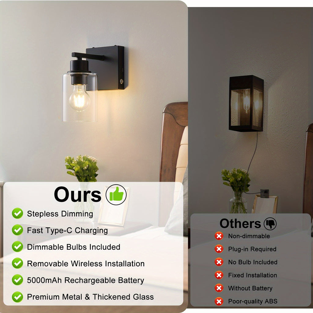 Battery Operated Wall Light Set 2/1, Rechargeable, Dimmable, Remote Control, Touch Control, USB-C Charging, Suitable for Living Room, Bedroom Black (Bulbs Included)