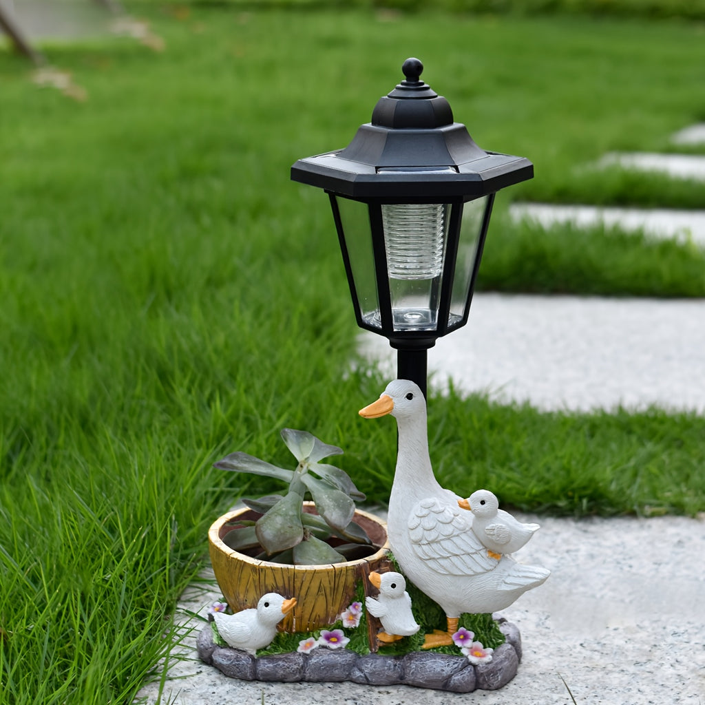 One Set Solar Light Outdoor Statue of Duck with Flower Basket, Courtyard Goose-Shaped Garden Decoration, Outdoor Lawn Decor, Large White Goose Home Decoration with Flower Basket, Ideal Gift to Enhance Outdoor Atmosphere
