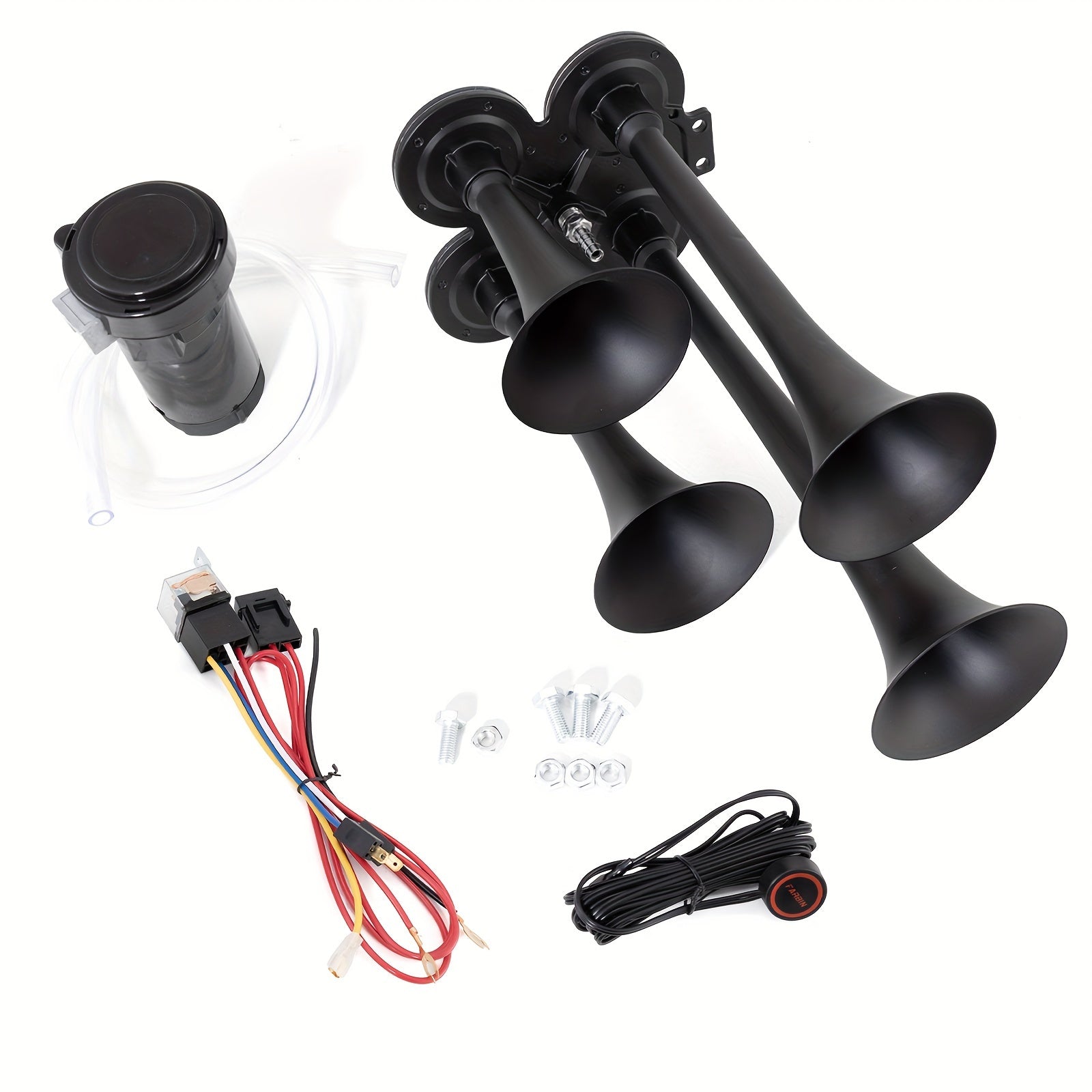 ALLREY Truck Air Horn Train Horn 12V 4-Horn Car Horn Super Loud Air Horn with Compressor, Fits Vehicles Trucks Cars Pickup Jeep SUV Train Boat, Matte Black Silver Red