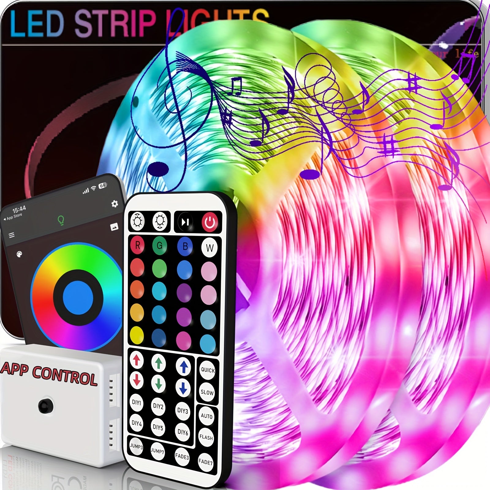100英尺 RGB LED灯带，带App和遥控器，可同步音乐实现动态颜色变化，非常适合装饰卧室、厨房、派对