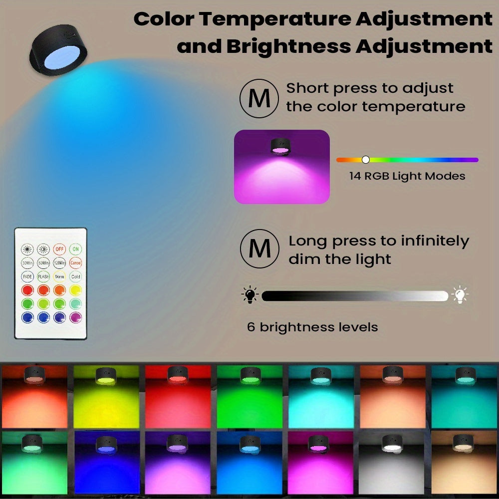 GVTCO Indoor Rechargeable LED Wall Light Multi-Color RGBW Wall Art Light, Portable Cordless LED Light, Dimmable with Remote Control Wall Light, 360° Rotation, USB Charging, 1200mAh, Wireless and Wall-Mounted