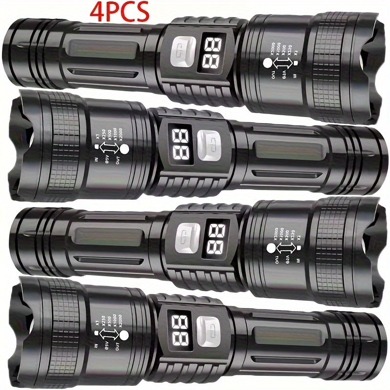 4-pack rechargeable high-power LED flashlight, with zoomable focus function, ultra-bright long-range beam, tactical work light, suitable for camping, hunting, hiking, emergency, equipped with LCD digital display screen