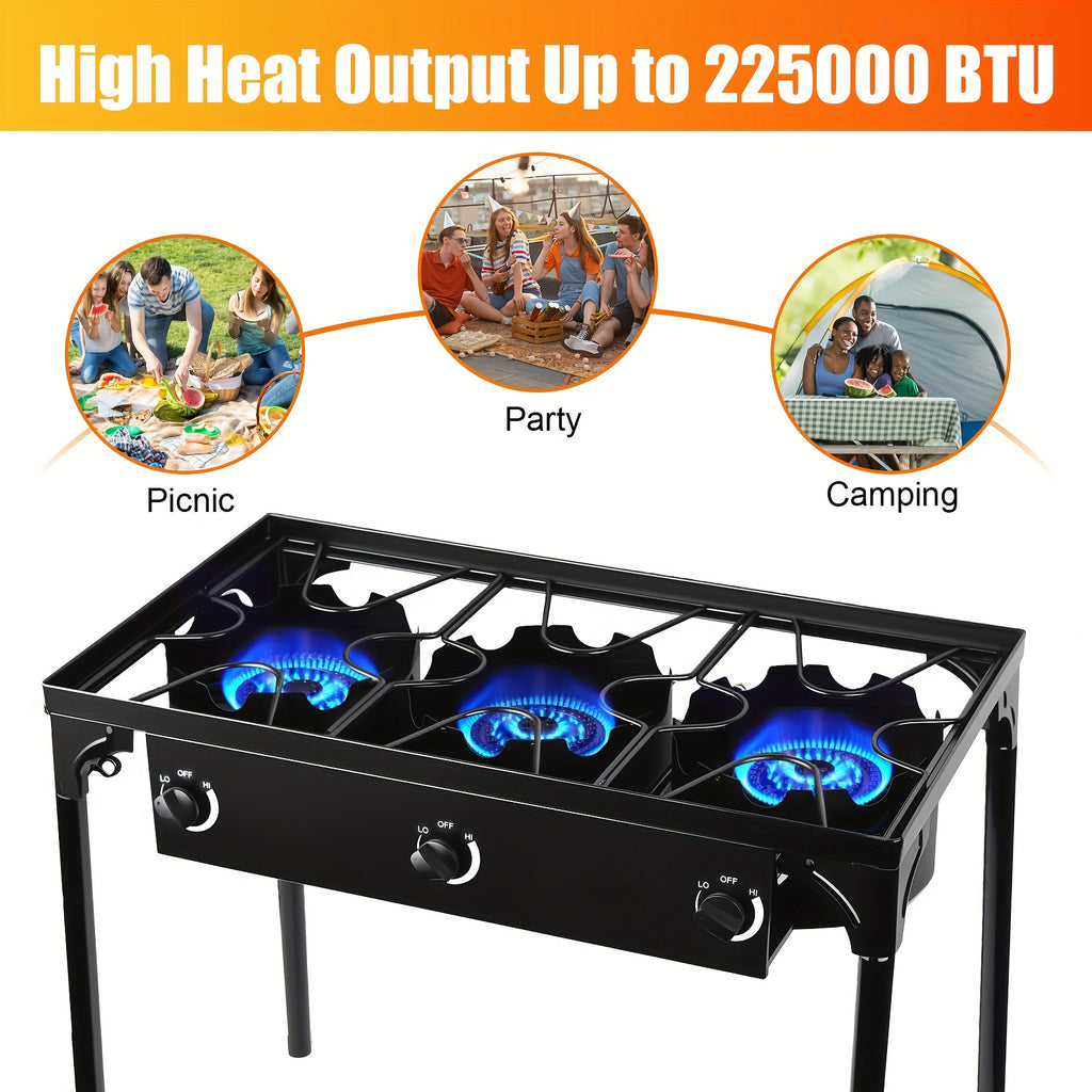 Outdoor Stove, 3-Burner, High-Pressure Propane Gas Camping Stove with Detachable Legs, Ideal for Camping & Patio, 225,000 BTU