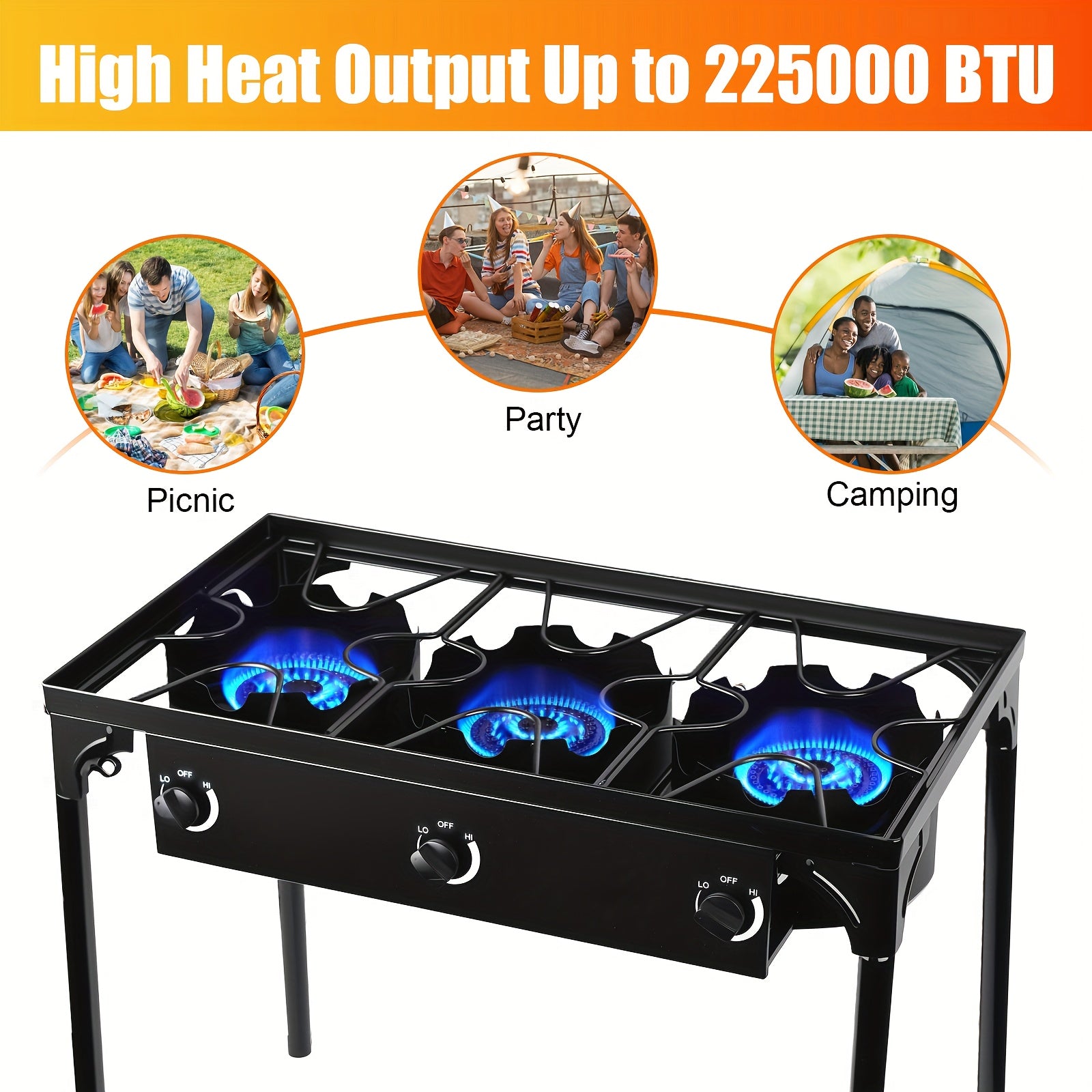 Outdoor Stove, 3-Burner, High-Pressure Propane Gas Camping Stove with Detachable Legs, Ideal for Camping & Patio, 225,000 BTU