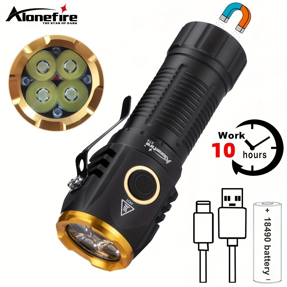 4X LED Flashlight is Compact & Powerful, with Type-C USB Rechargeable Design, Portable Clip & Magnetic Base. Perfect for Nighttime Illumination, Whether for Outdoor Adventures or Home Repairs.
