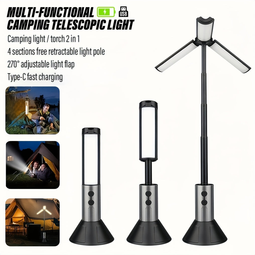 2-in-1 LED Camping Light & High Bright Flashlight, 4-Section Telescopic Rod, 270° Adjustable Beam, Hook Design, Detachable Shade Cover, Dual Switch Modes, USB Rechargeable Camping Lamp with Bracket Base, Ideal for Outdoor Adventure