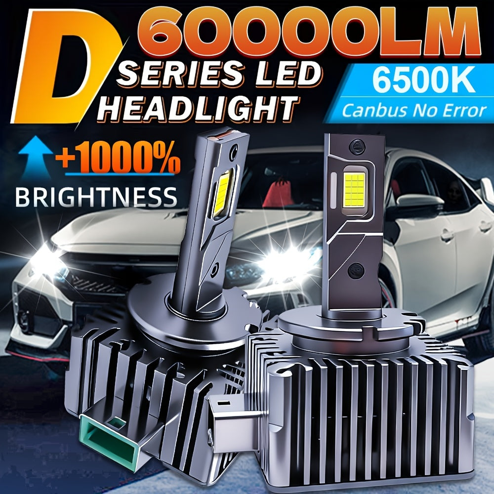 2-Pack LED Car Headlights, Compatible with D1S/D2S/D3S/D4S Sockets, High/Low Beam Dual Mode, 60,000 Lumens Brightness, 6500K Color Temperature, Built-in Fast Cooling Fan in Housing