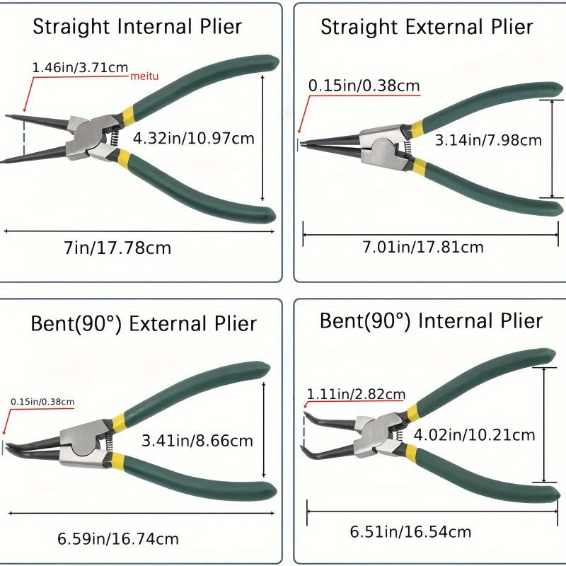 4-Piece Professional Card Snap Ring Pliers Set, 7-Inch Heavy Duty Retaining Ring Stopper, 90° & 45° Angled Tips, Chrome Vanadium Steel, Internal/External C-Clip Removal, Metal Construction, Card Repair Tool | Professional Pliers Set