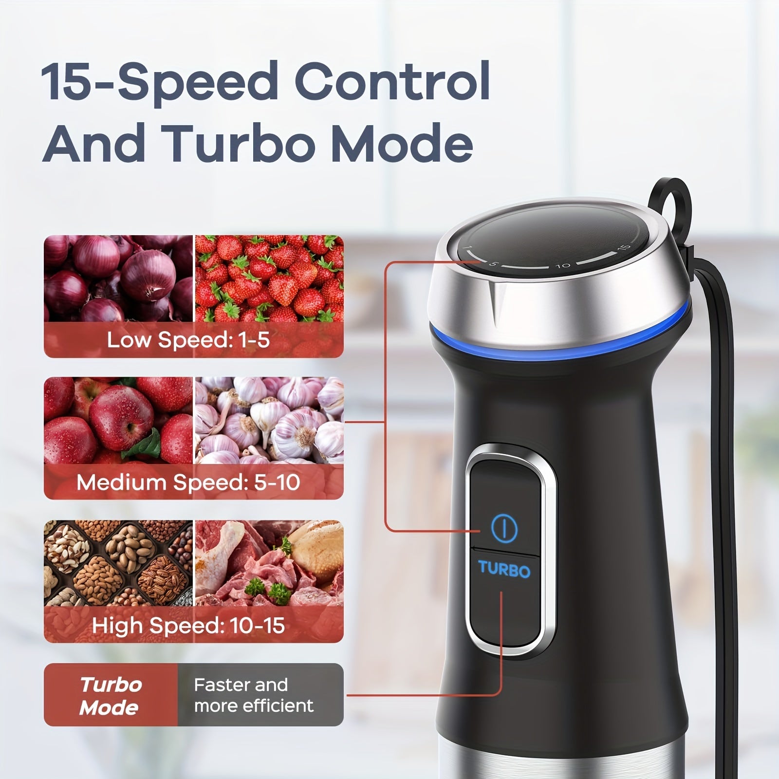 5-in-1 Handheld Blender, Max 1000W Powerful Motor, 15 Speed Levels, Equipped with Stainless Steel Blade, Mixing Cup, Chopper, Egg Beater and Milk Frother, Perfect for Homemade Smoothies, Sauces, Soups and Baby Food, Ideal Gift Option
