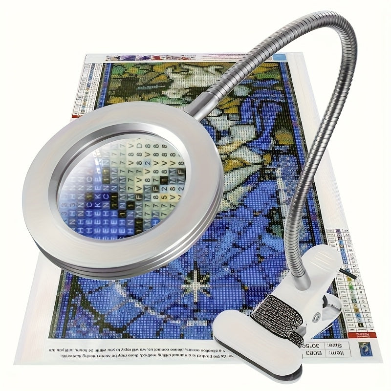 48 LED beads, diamond painting magnifying desk lamp with clip, 50cm adjustable gooseneck fill light, 3 color temperatures (cool white/neutral/warm yellow), 5-7W USB-powered craft light, 2-meter long cord, push-button switch, 9cm large lens
