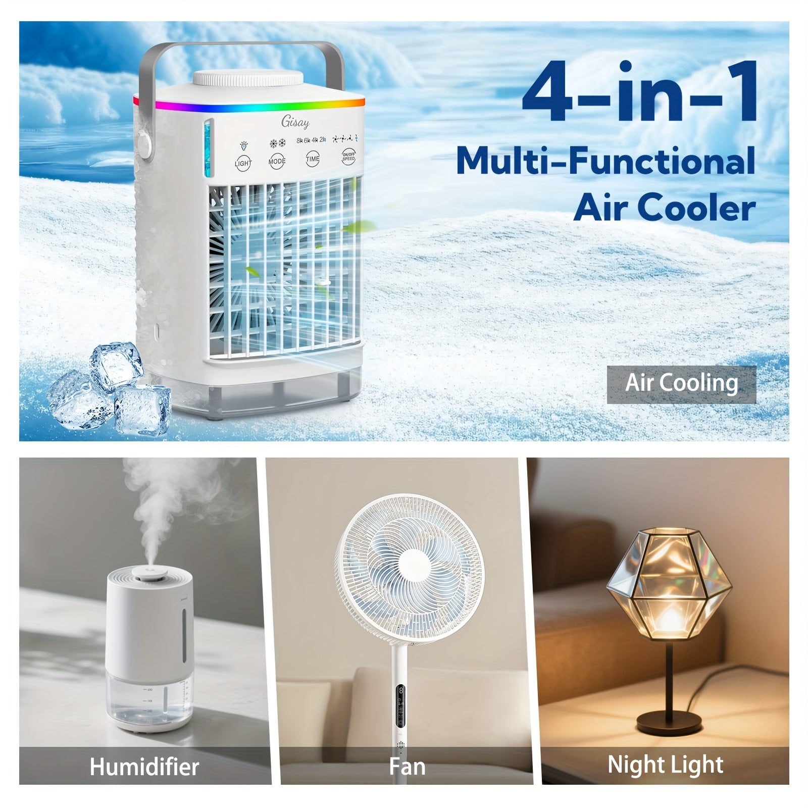 Gisay Compact USB-Powered Desk Fan - Quiet Portable Evaporative Cooling Humidifier, 4 Speed Settings, 8-Hour Timer, Lightweight Personal Cooling System for Home, Office, Travel, Bedroom - Mini Fan for Small Spaces