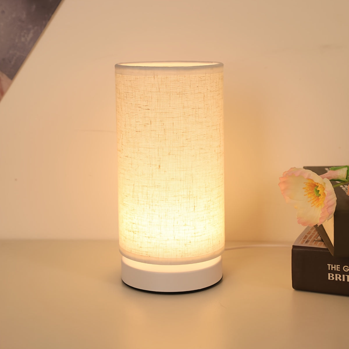 1 piece modern linen cylinder table lamp, with warm ambient lighting, USB powered and switch control - perfect for bedroom, office, nightstand, bookshelf decoration - cozy holiday gift, battery not included, bedroom light