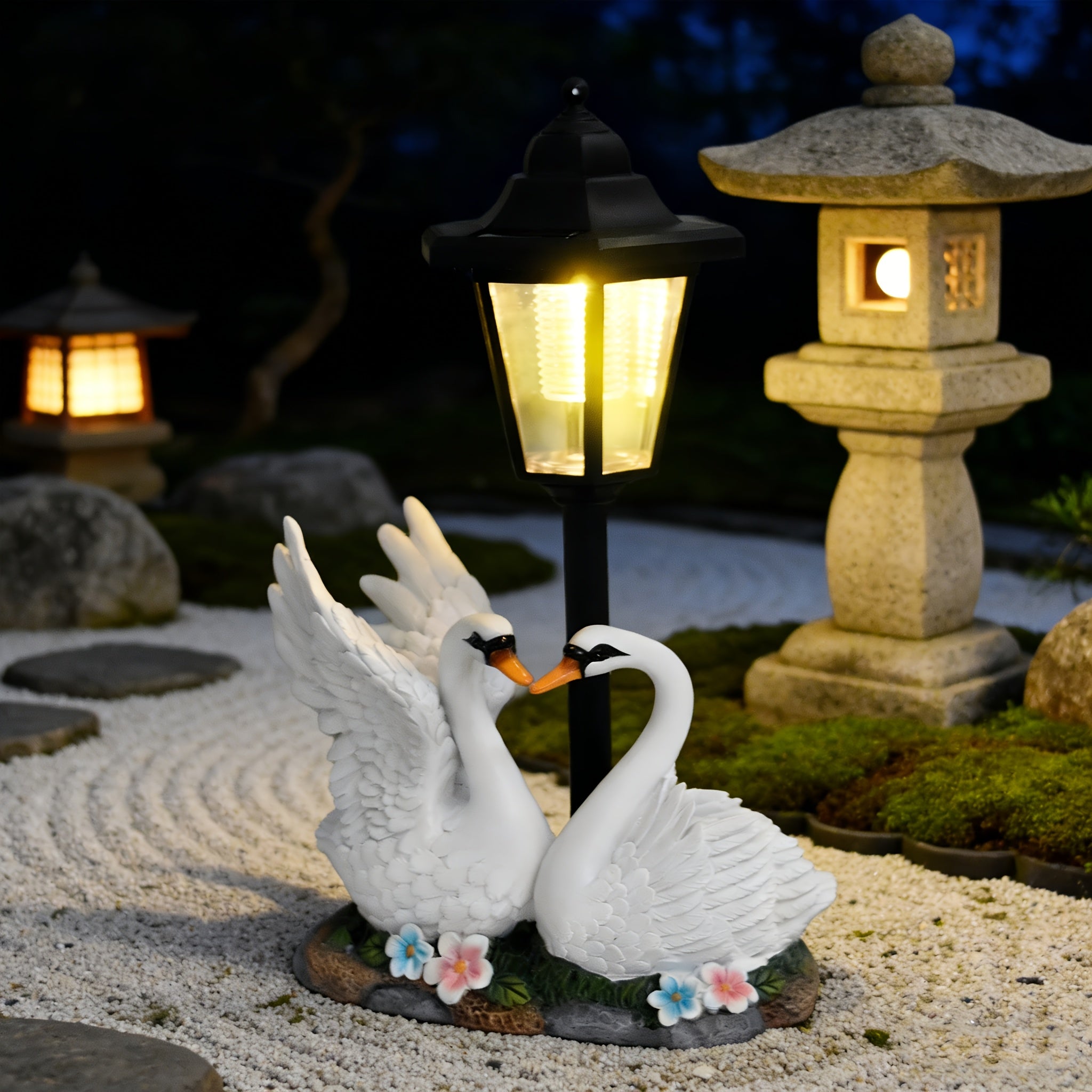 OTDECOR Romantic Swan Couple Outdoor Light Sculpture Set, Solar Resin Garden Decoration with LED Lanterns, Courtyard, Yard, Pathway and Backyard Decorative Animals, Fun Decoration for Weddings, Anniversaries and Garden Ambiance
