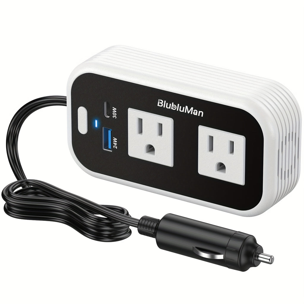 200W车载电压变换器，Blubluman 12V直流转110V交流插座带30W USB-C，QC3.0快充24W，适用于汽车的电源逆变器，笔记本电脑充电接口