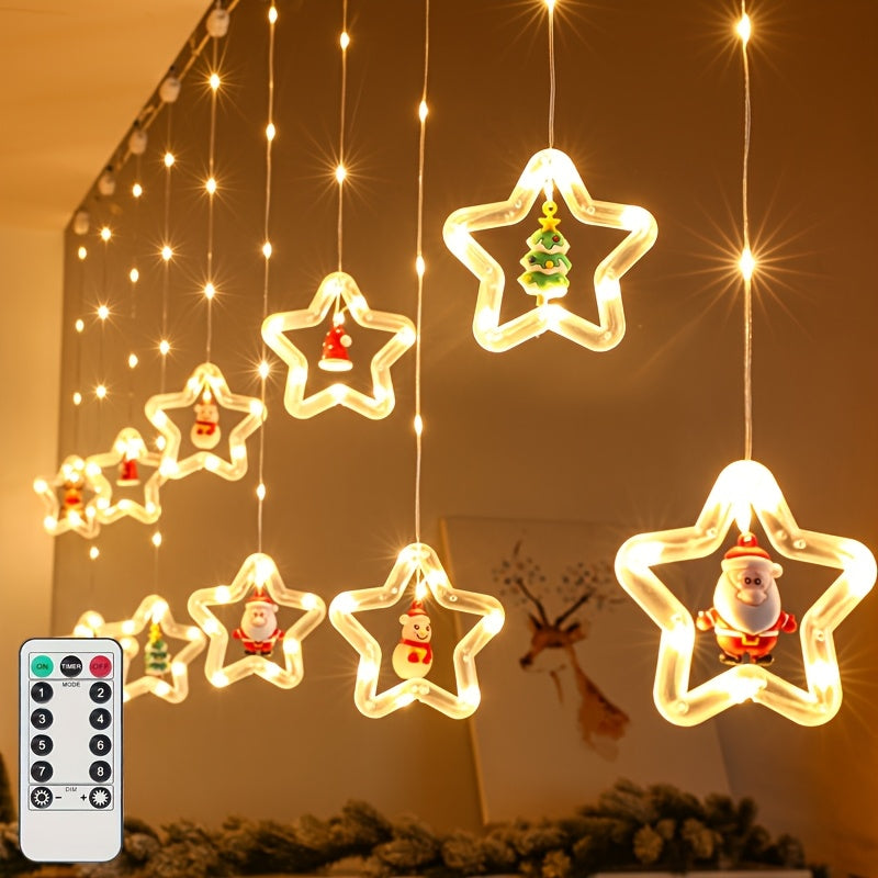 LED 窗帘灯，仿真星星 LED 灯串，带圣诞老人、雪人、麋鹿玩偶，USB 电源，带遥控器，可调光 8 种模式，适合圣诞节、卧室、新年礼物、派对婚礼使用