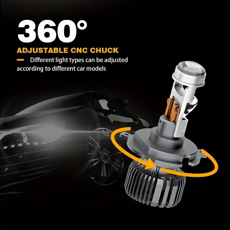 2-Pack Car LED Headlight H4 Super Bright Mini Lens Bulb Focused Beam with Cut-off Line Adjustable CNC Chuck for Different Light Types Plug-and-Play Mini Size with Cooling Fan Car Headlight Fits All Car Models No Battery Needed