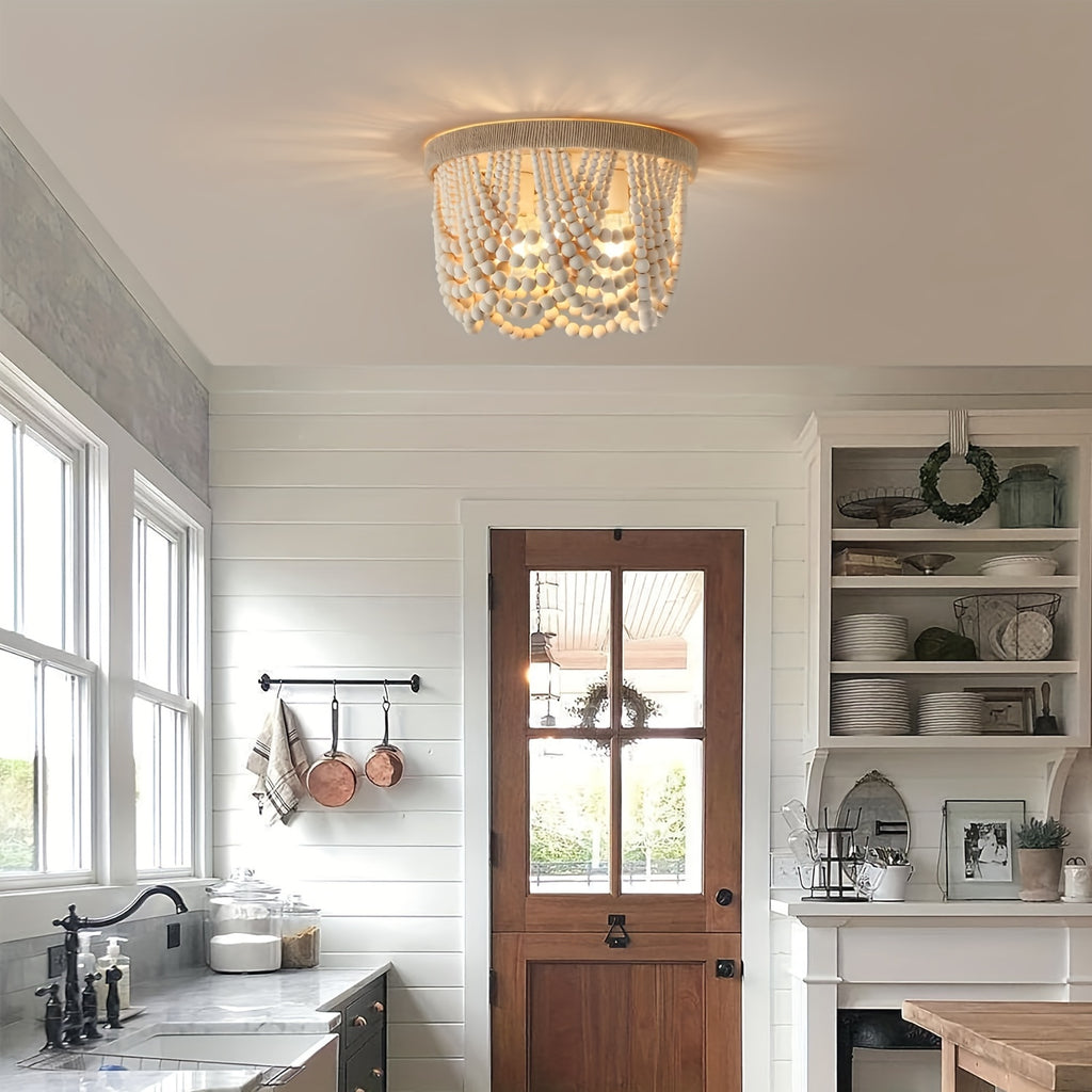 Bohemian Farmhouse Lighting, Wood Bead Pendant Light, Finished 3-Light Semi-Flush Mount Ceiling Light, Bedroom Rustic Mini Pendant Light, Hallway Bedroom Kitchen Living Room, E26 E27 Base (Bulb Not Included)