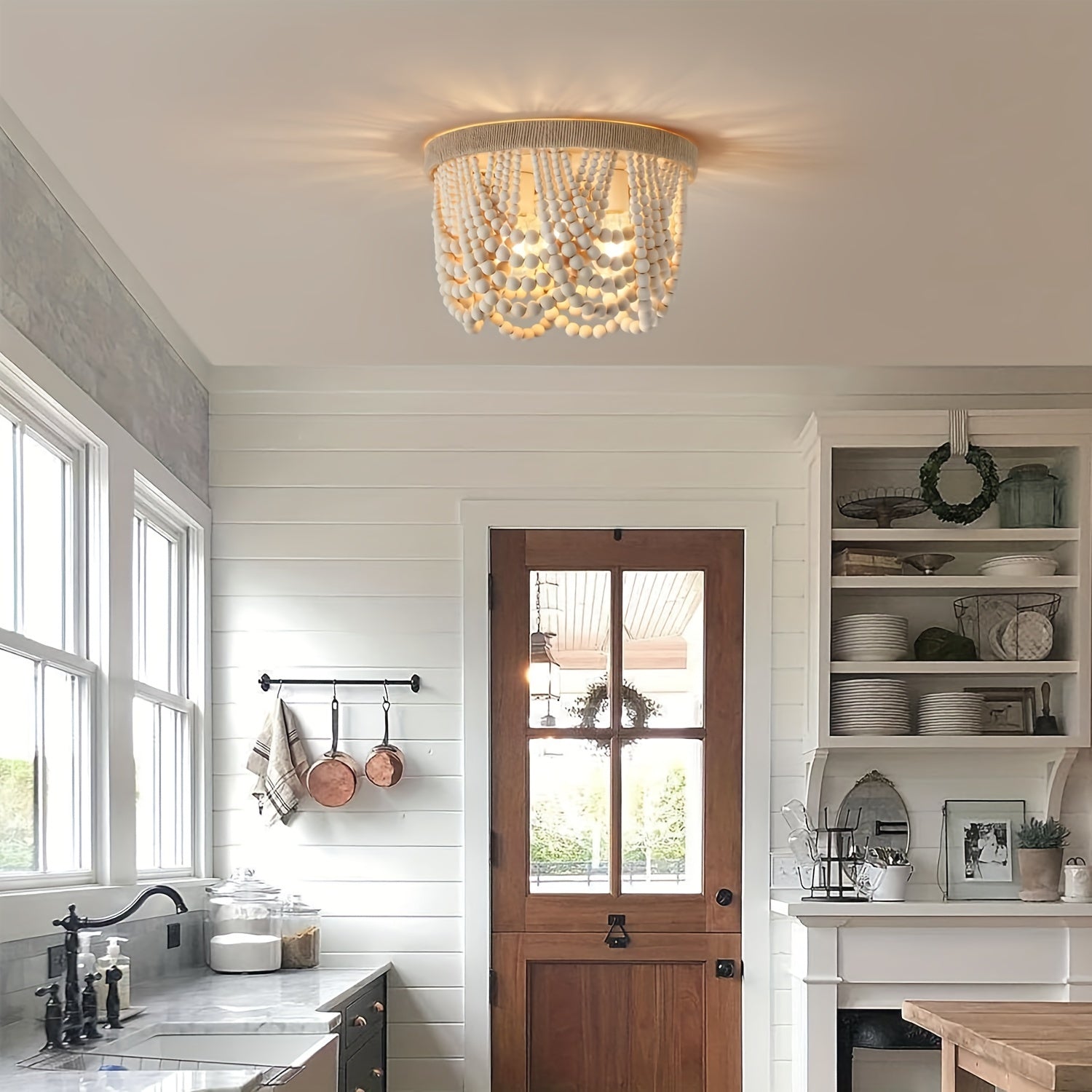 Bohemian Farmhouse Lighting, Wood Bead Pendant Light, Finished 3-Light Semi-Flush Mount Ceiling Light, Bedroom Rustic Mini Pendant Light, Hallway Bedroom Kitchen Living Room, E26 E27 Base (Bulb Not Included)