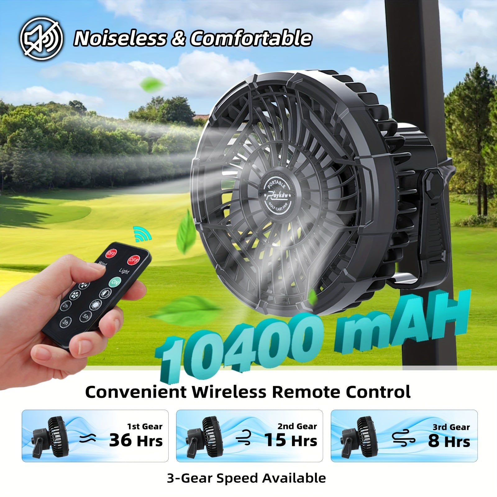 Golf Cart Fan, USB Rechargeable Portable Fan with Clip, 3 Speeds Strong Airflow, 360° Rotatable Silent Cooling Fan for Golf Cart Outdoor Camping Travel