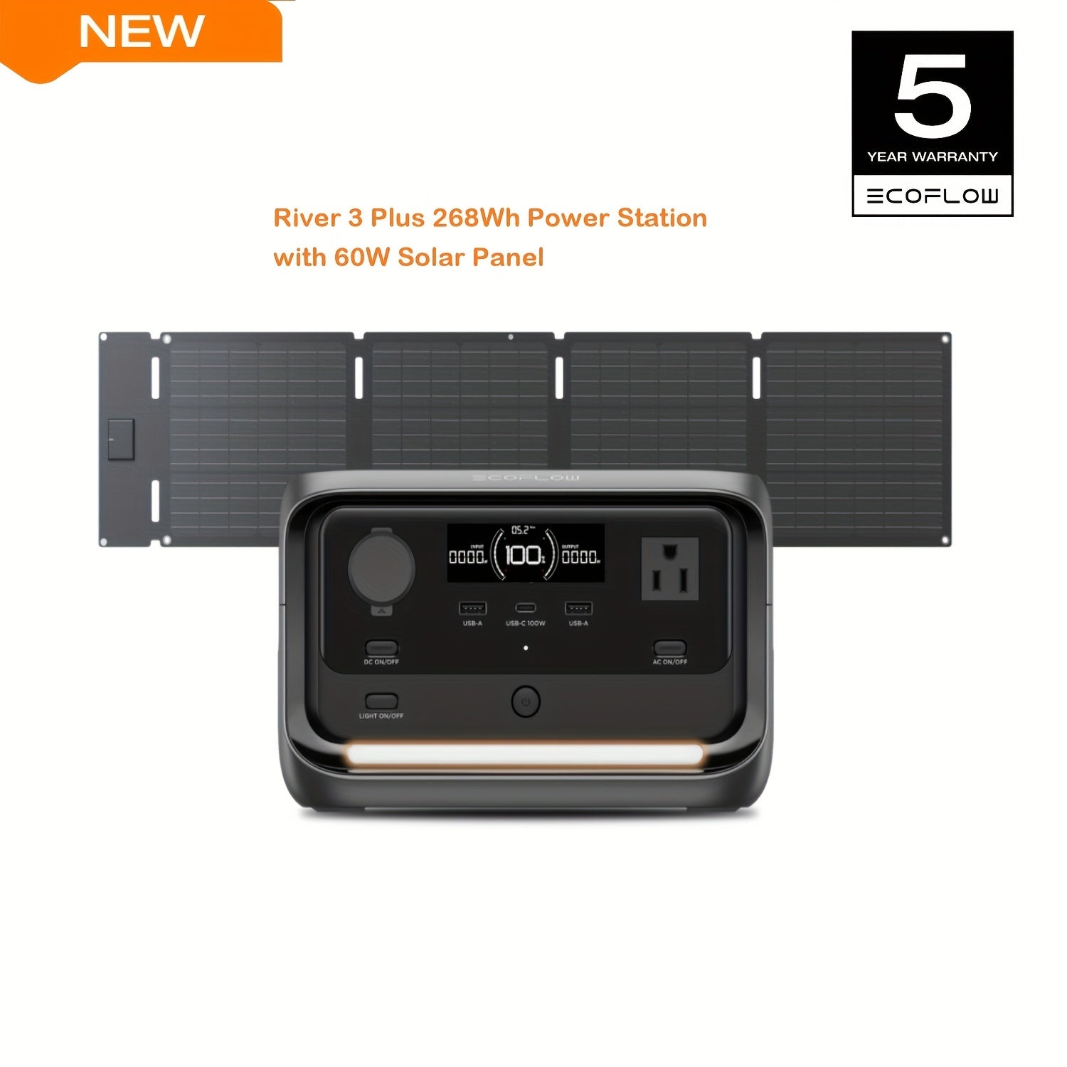 ECOFLOW River 3 Plus 270行動式電源站，配備45W/60W/100W太陽能板（可選SKU），268Wh LiFePO4電池，最大輸出1200W，3個交流插座，1小時快速充電，靜音<30分貝，可擴充套件至840Wh - 適合家庭、應急及戶外使用