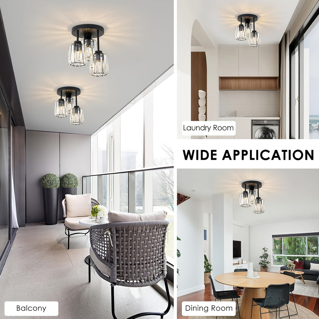 Modern semi-flush mount ceiling light, three-light crystal chandelier, E26 base pendant light, suitable for living room, dining room, bedroom, kitchen, hallway