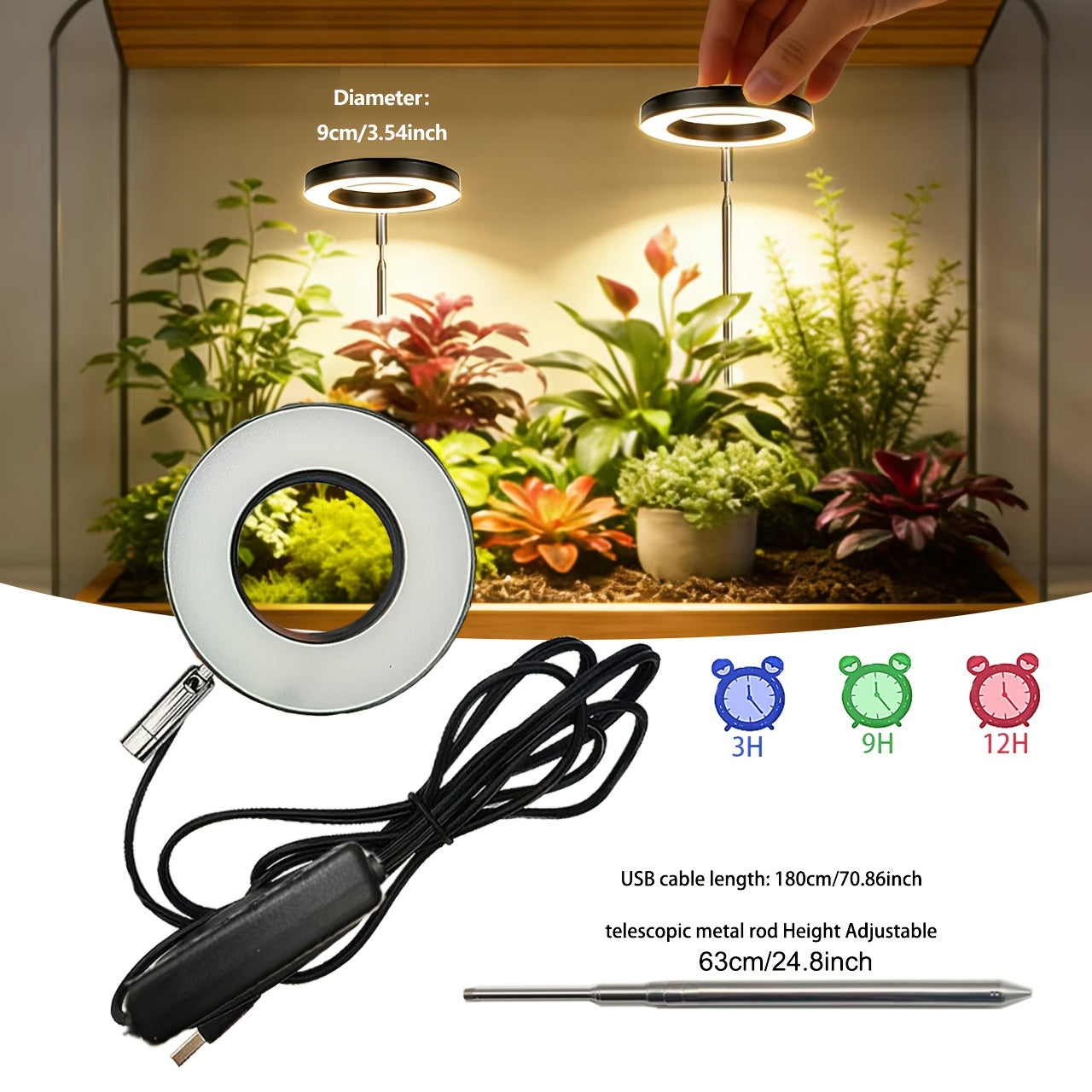 LED Plant Grow Light, USB 1-to-1/1-to-2 Dual-Spec Lighting, Timer/Stepless Brightness/3 Light Modes, Sunlike Full Spectrum, for Indoor Small-Medium Plant Seedling Cultivation