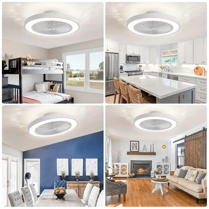 Modern Low Profile 19 Inch Ceiling Fan with Light, 6-Speed Dimmable LED Reversible Bladeless Fan Light, DC Silent Motor Flush Mount Ceiling Fan, Perfect for Bedroom and Kitchen