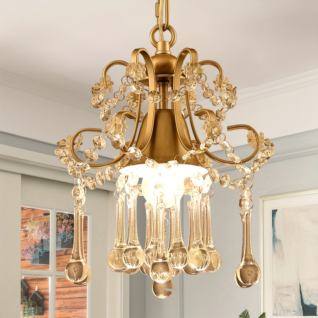 Ganeed 1-light champagne K9 clear crystal chandelier, ceiling light, crystal pendant light, chandelier for living room, bedroom, dining room, porch, LED lighting and home decoration