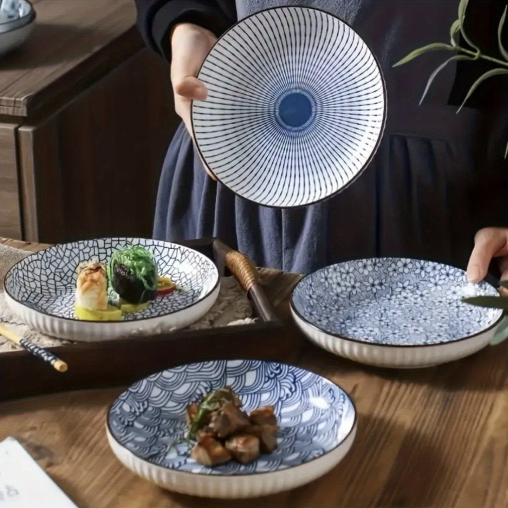 4-Piece Japanese Ceramic Floral Dinner Plate Set – Yamada Home Dinner Plates, Nordic Style Steak Plates, 7-Inch Deep Ceramic Plates, Non-Slip Rim, Under-Glaze Color Round Plates