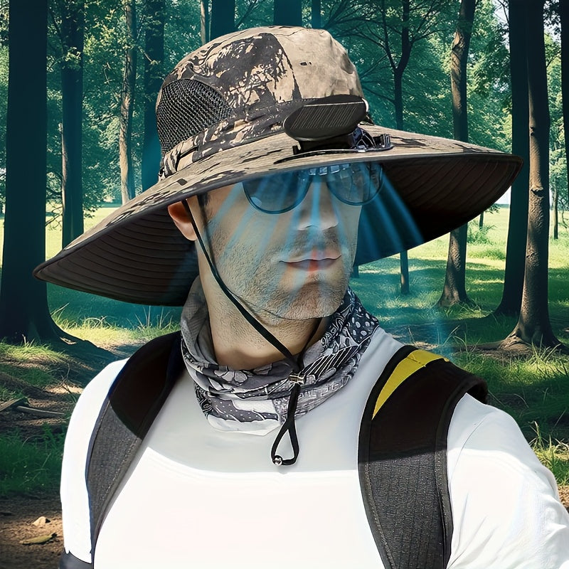 Unisex Solar Fan Boonie Hat, Reinforced Steel Wire Brim, 3-Speed Solar Fan with USB Charging, Breathable Cooling Design, Extra Wide Brim for Full Protection, Ideal for Hiking, Travel, Gardening and Outdoor Activities