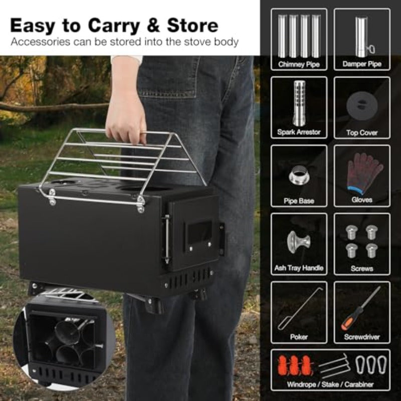 Portable Windproof Chimney Wood Stove, Includes Gloves & Tent Rope, Camping Wood Stove for Tent Shelter, Outdoor Cooking & Heating, Black