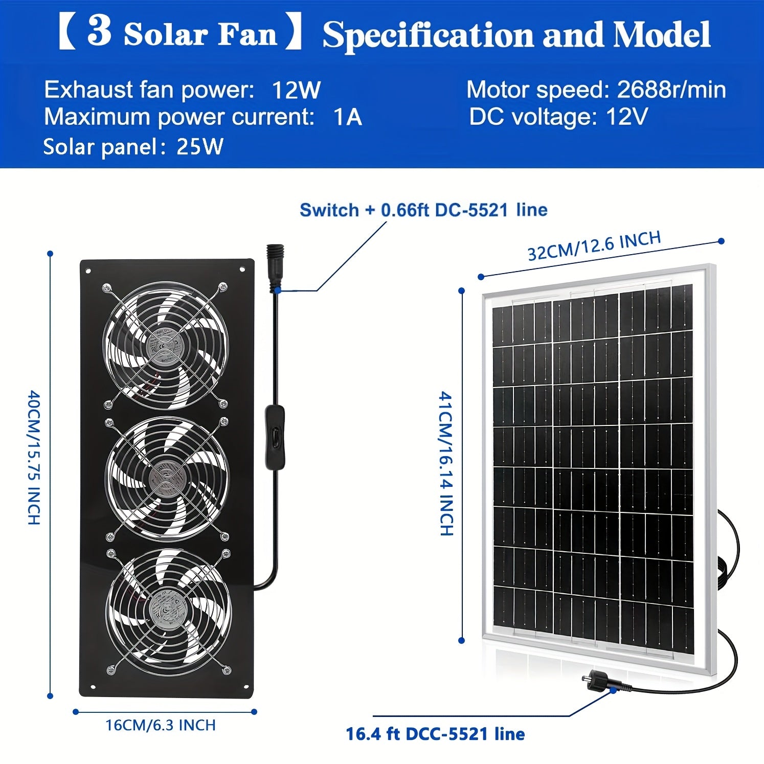 Solar Fan, Solar Exhaust Fan / Greenhouse Solar Fan / Solar Fan for Attic, Shed, Barn, Chicken Coop and Dog House (15W Solar Panel + 2Pcs Solar Exhaust Fan)